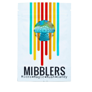 Mibblers Micro Magic Mush Candy: Mushroom-shaped sweet tarts in a white pouch with colorful stripes and a globe mushroom graphic.