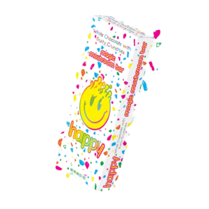 Happy Bars 920: White chocolate magic mushroom bar with fruity crunchies. Whimsical packaging with a smiley face and colorful confetti design.