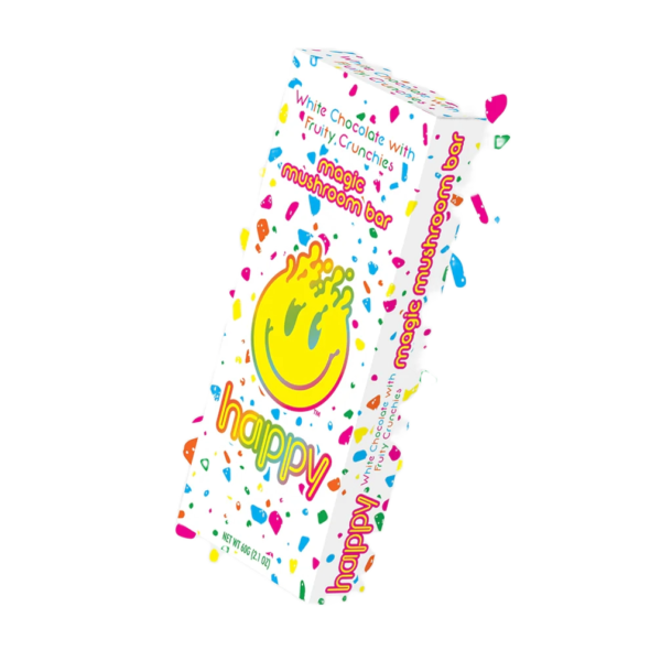 Happy Bars 920: White chocolate magic mushroom bar with fruity crunchies. Whimsical packaging with a smiley face and colorful confetti design.